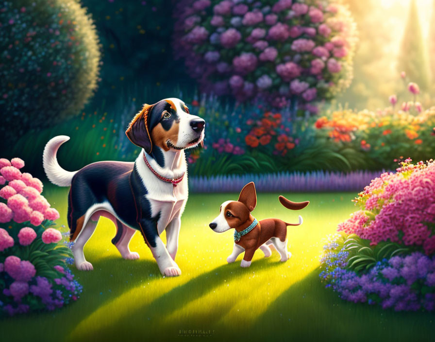 Two dogs with collars in vibrant garden with pink flowers and sunlight.