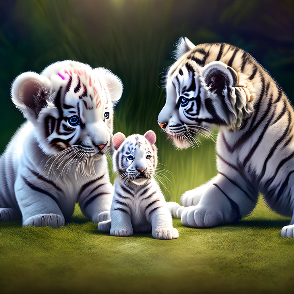 Three Tiger Cubs with Unique Stripe Patterns Resting on Grass