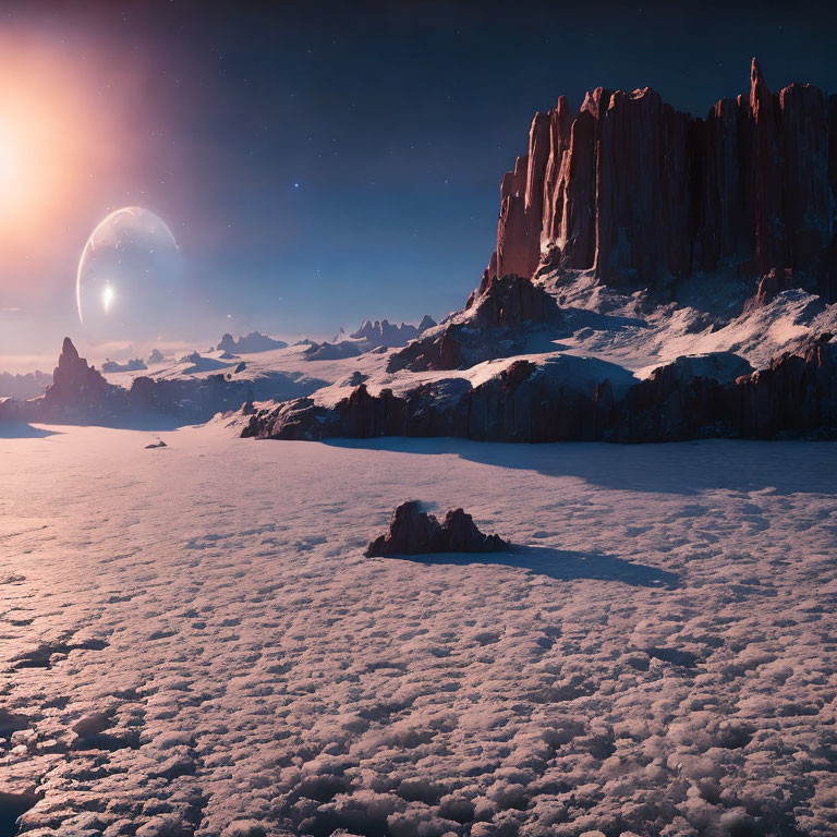 Extraterrestrial landscape with rocky cliffs, ice field, and celestial body at twilight