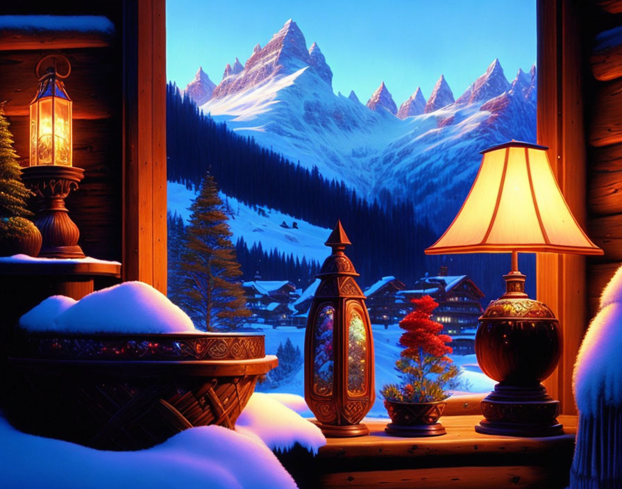 Snowy Winter Scene with Glowing Lamp, Lantern, Trees, and Mountain Dusk