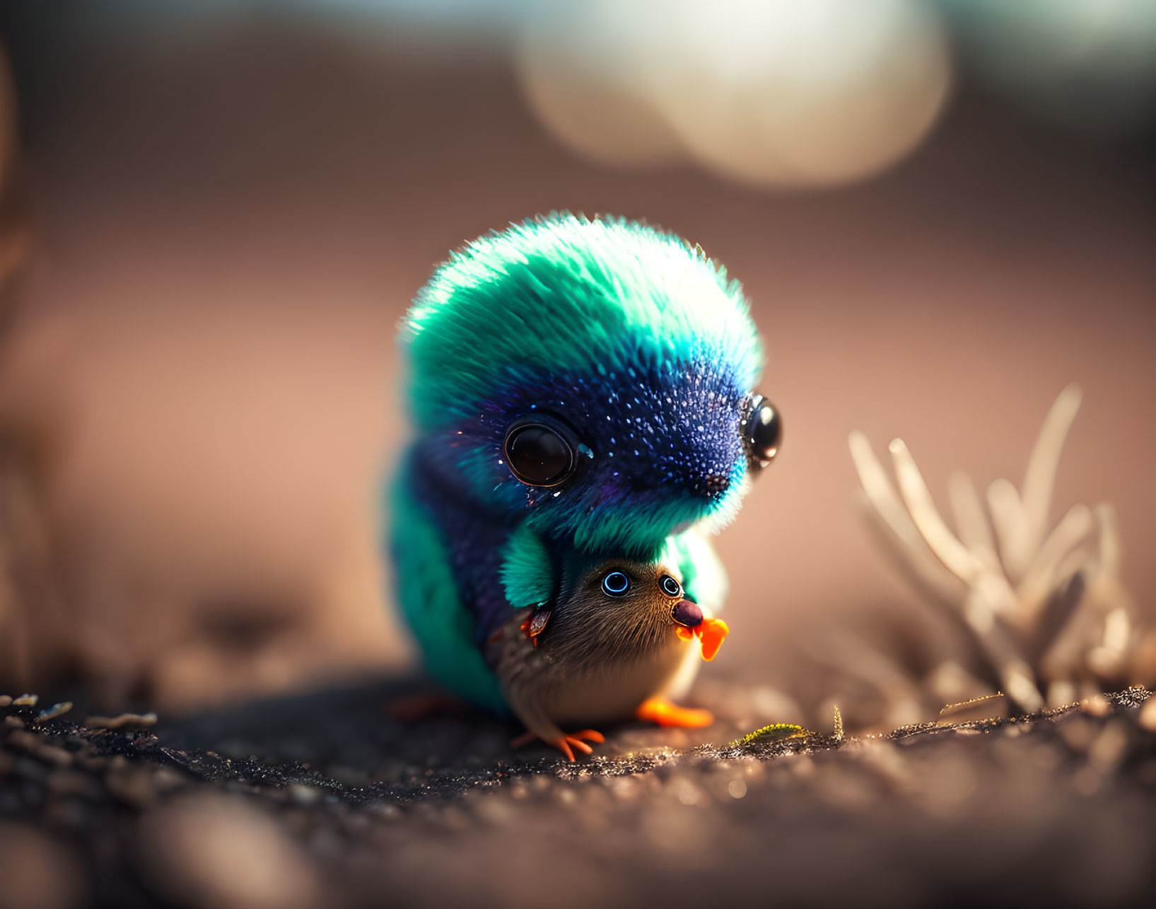 Vibrant blue and turquoise creature with orange beak and black eyes, with a miniature version