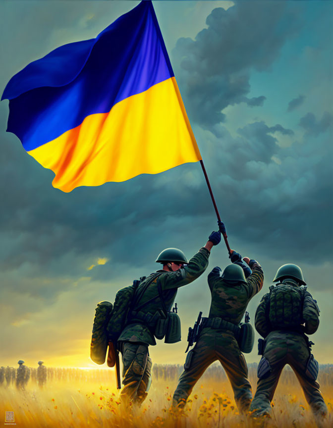 Soldiers raising Ukrainian flag under dramatic sky