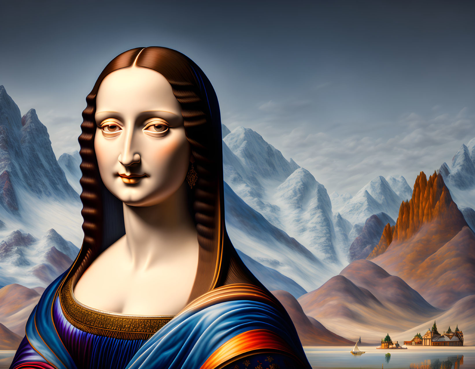 Digital artwork: Serene Mona Lisa reimagined with mountain backdrop