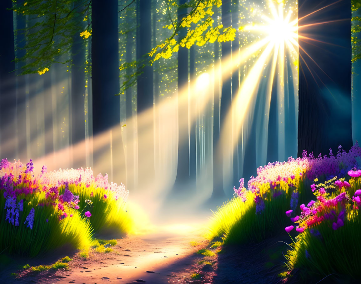 Sunlit Forest Path with Sunbeams Illuminating Flowers