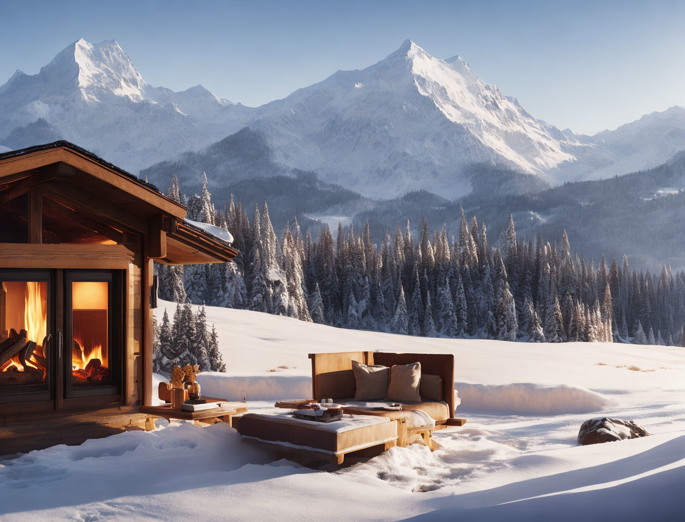 Snowy mountainscape cabin with fireplace and outdoor lounge at sunrise