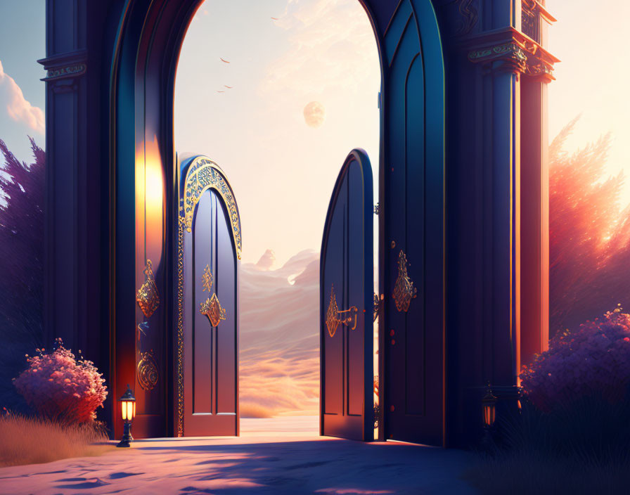 Ornate double doors reveal serene landscape with sunset, mountains, and celestial body