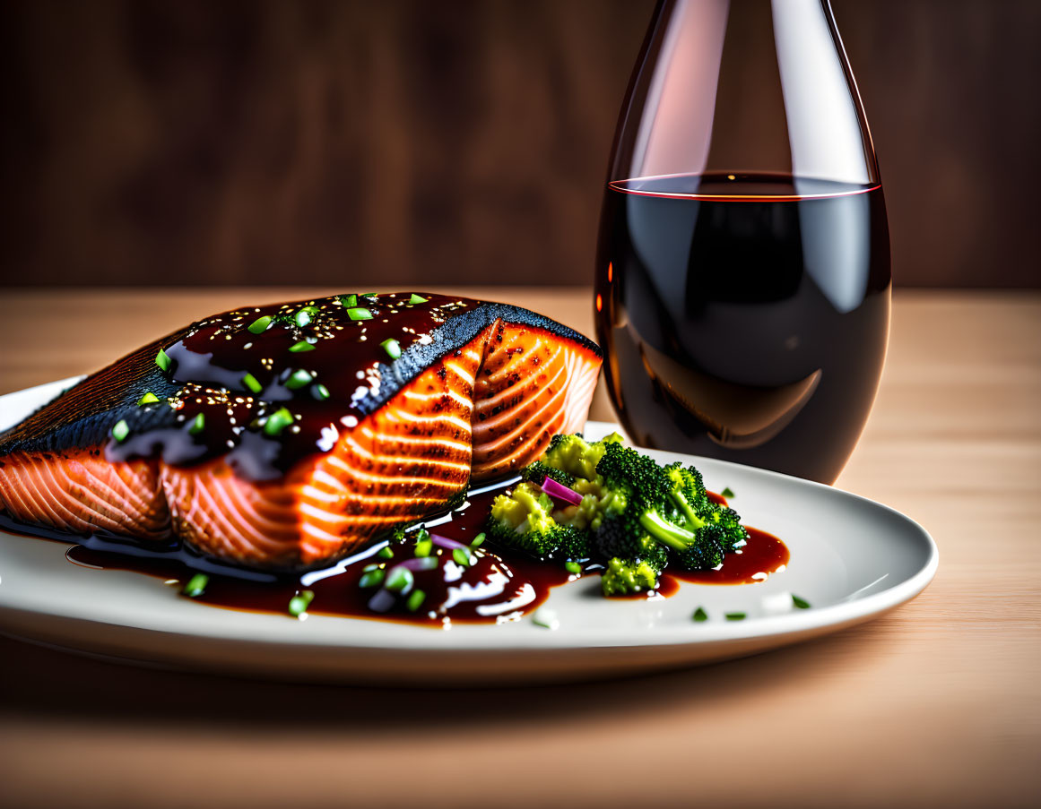 Grilled Salmon with Sesame Glaze, Broccoli, and Red Wine Pairing