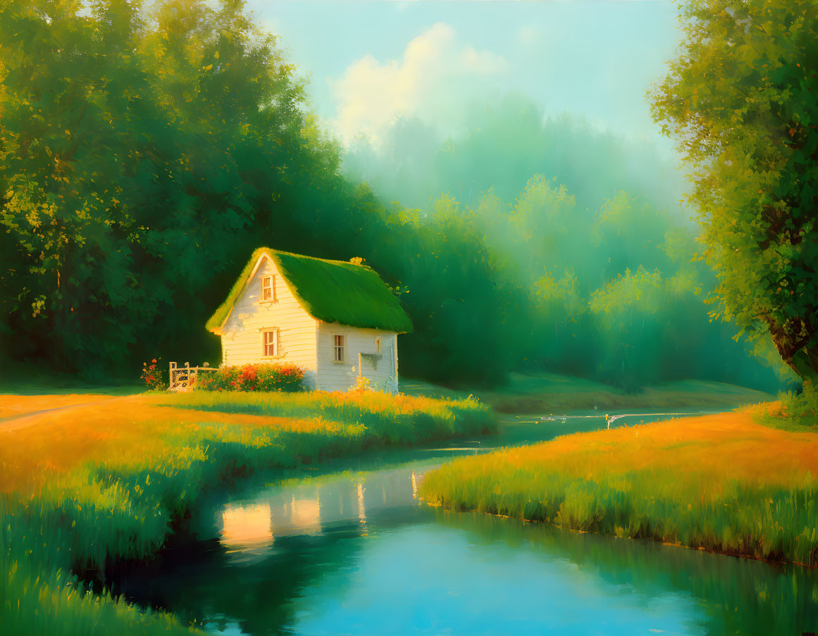 Tranquil cottage painting by gentle river at sunset.