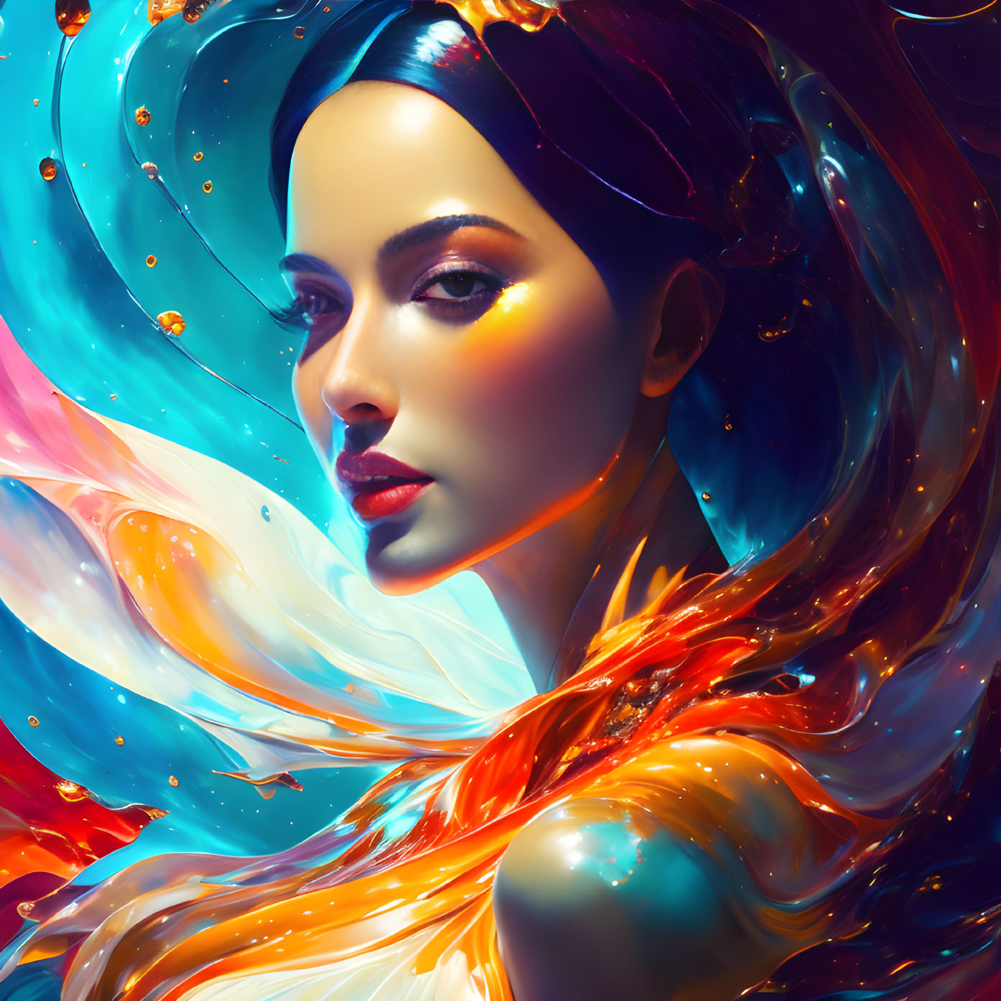 Colorful digital art of a woman with flowing hair on abstract background