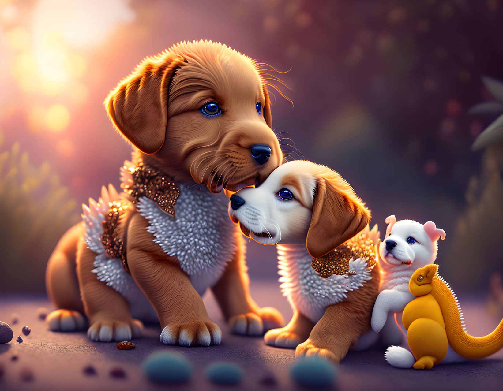 Three animated puppies in fantastical collars explore magical forest at sunset