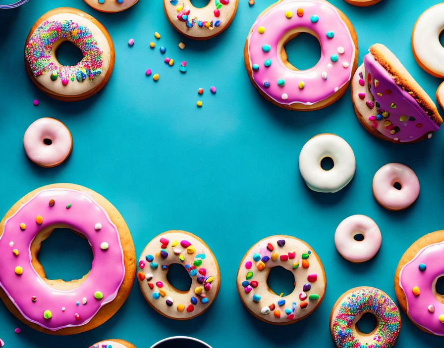 Colorful Sprinkle Donuts on Teal Background with Candy Pieces