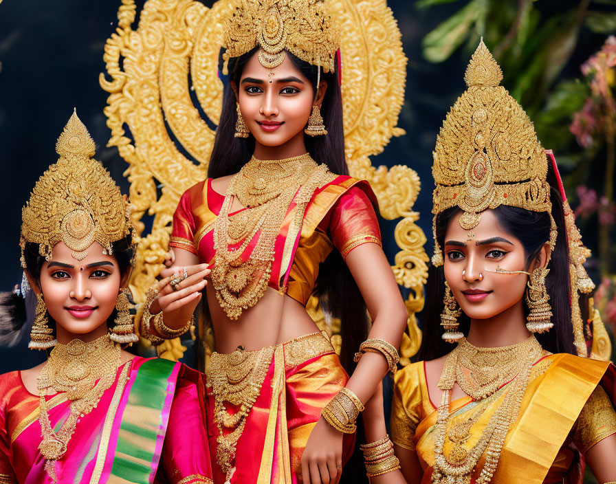 Traditional Indian attire and ornate gold jewelry on three women in front of a decorative backdrop