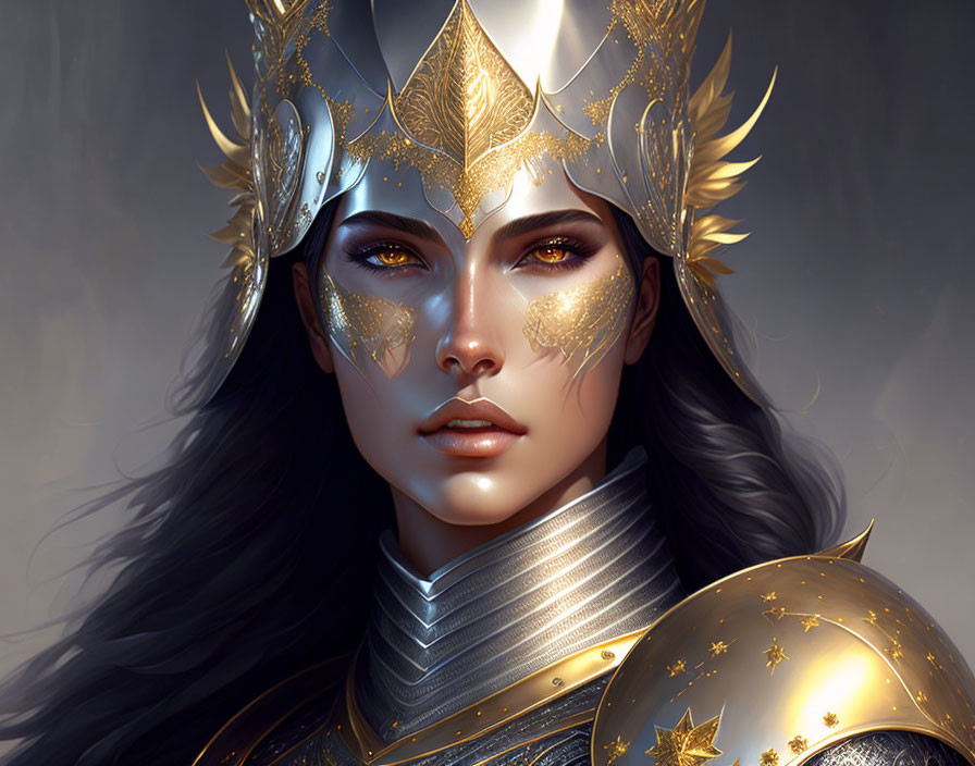 Detailed Illustration of Woman in Golden Helmet and Armor