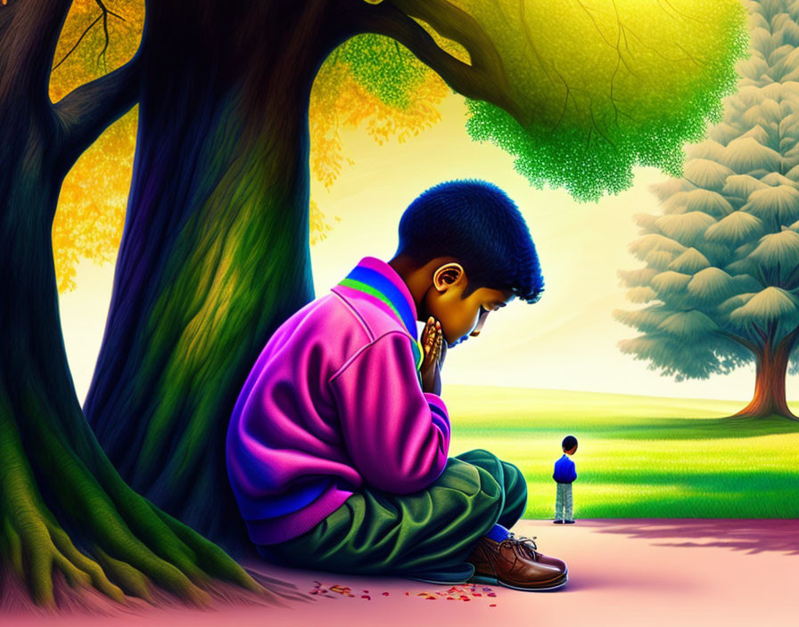 Illustration of boy under tree with distant figure, evoking introspection.