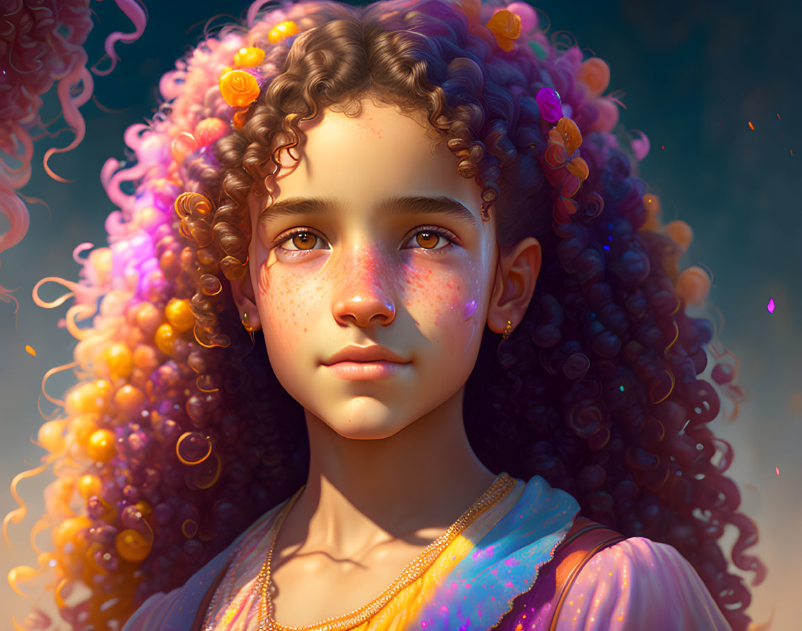 Young girl with curly ombre hair and freckles in serene setting