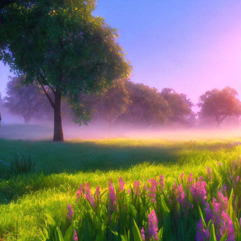 Tranquil meadow with purple flowers, lone tree, and misty morning backdrop