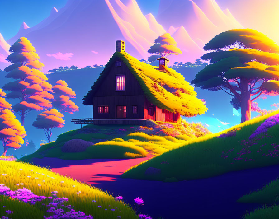 Colorful illustration of a house in lush hills with purple sky
