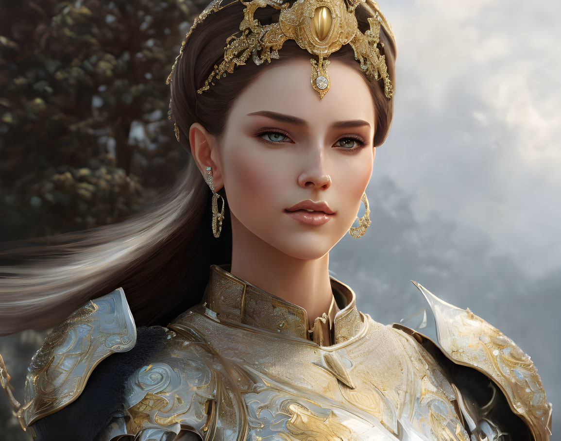 Regal Female Warrior in Golden Armor and Headdress Artwork