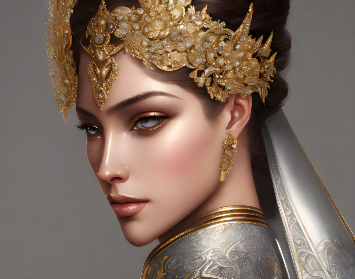 Detailed portrait of woman with golden headgear, intricate earrings, and elegant armor.