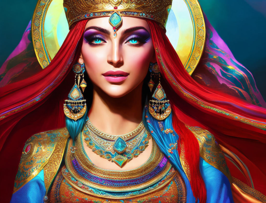 Regal woman with striking makeup and gem-encrusted crown against colorful backdrop