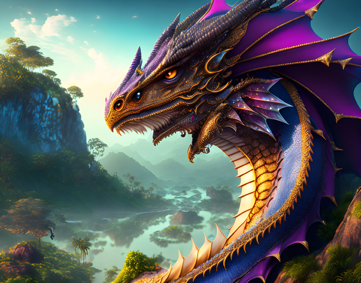 Blue and Purple Dragon in Mountain Landscape