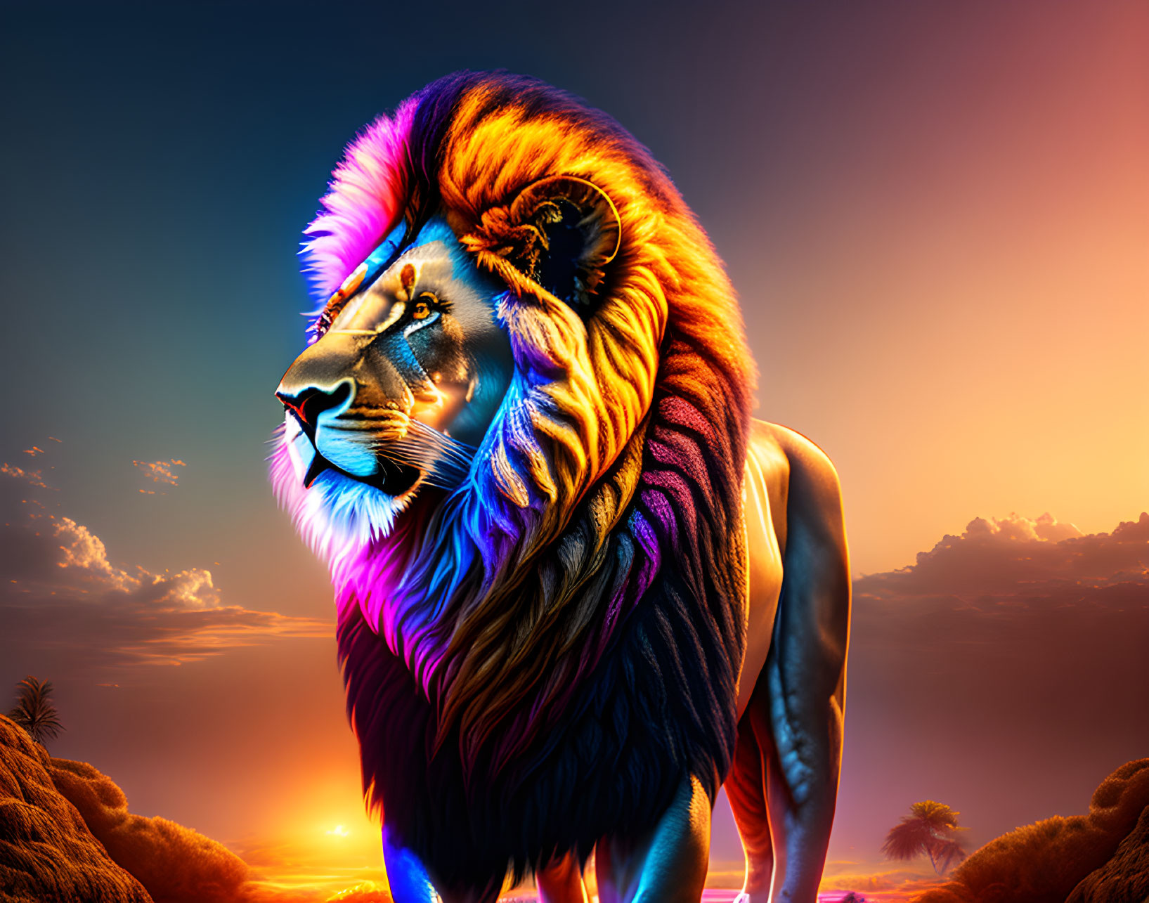 Colorful Lion Image with Sunset Background and Trees Silhouettes