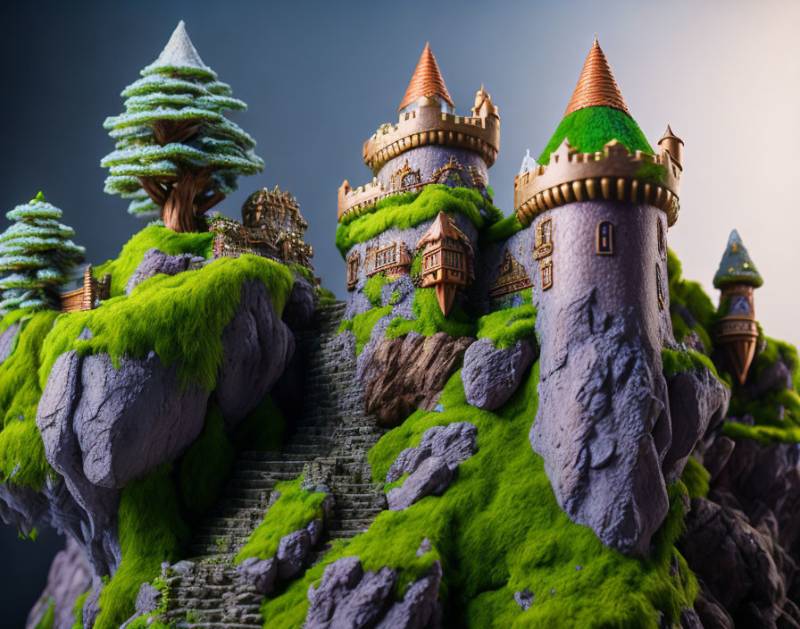 Miniature fantasy landscape with turreted castles on green cliffs under moody sky