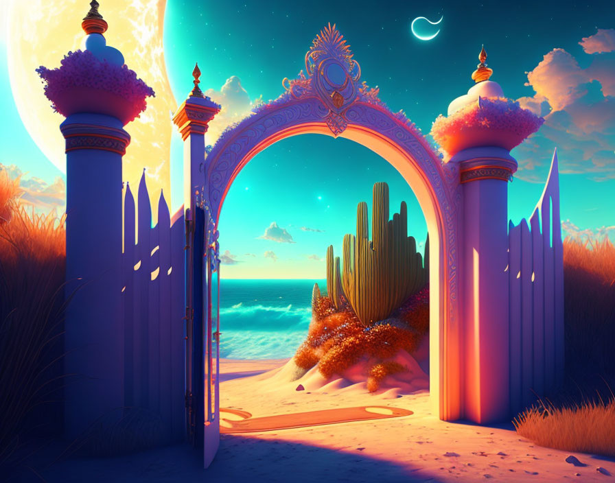 Ornate gateway leading to serene beach at twilight