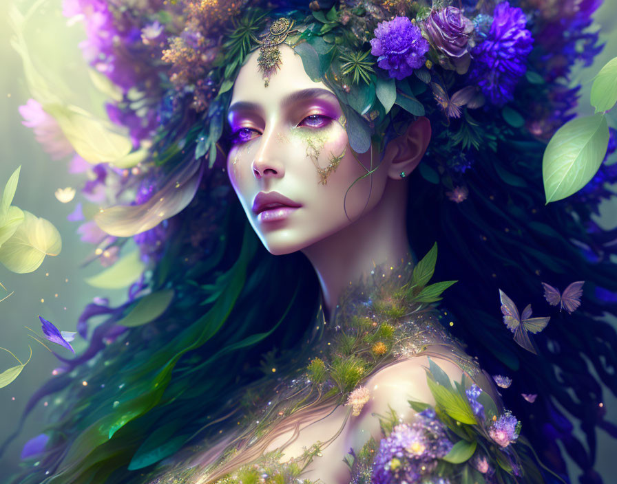 Illustration of woman with floral headdress and butterflies in nature fantasy theme