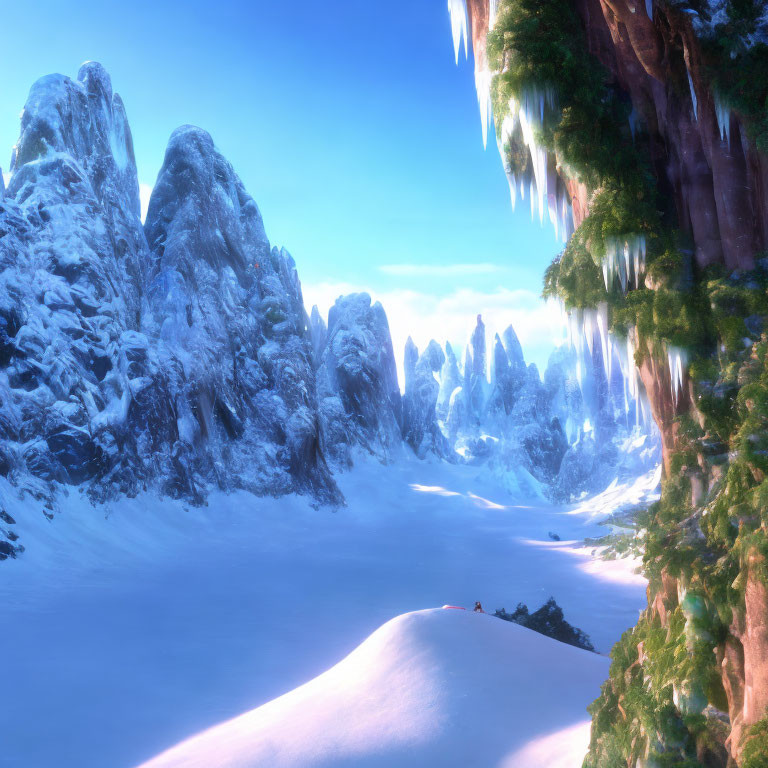 Snow-covered mountains with icicles in serene winter landscape