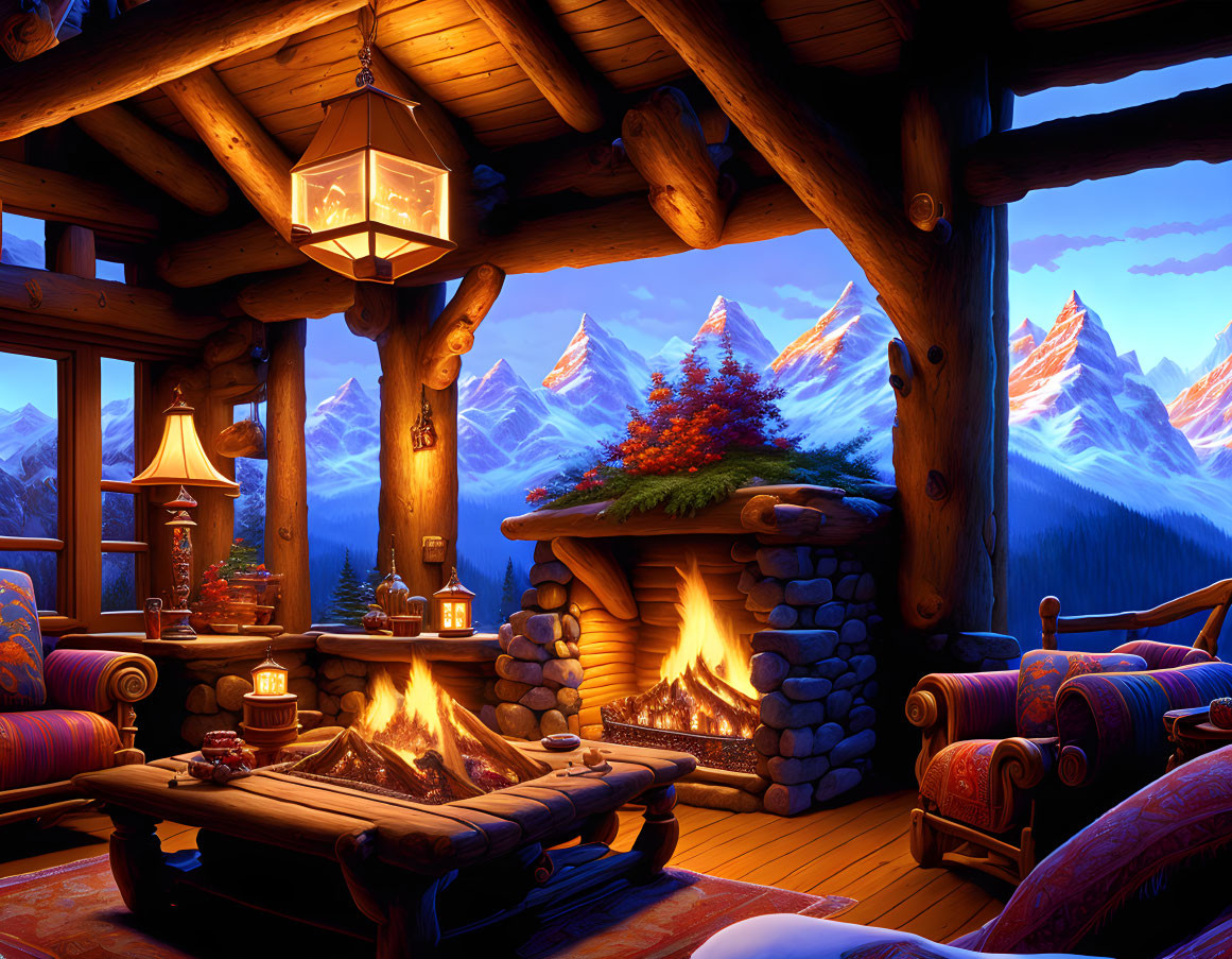 Inviting Cabin Interior with Fireplace, Mountain View, and Cozy Ambiance