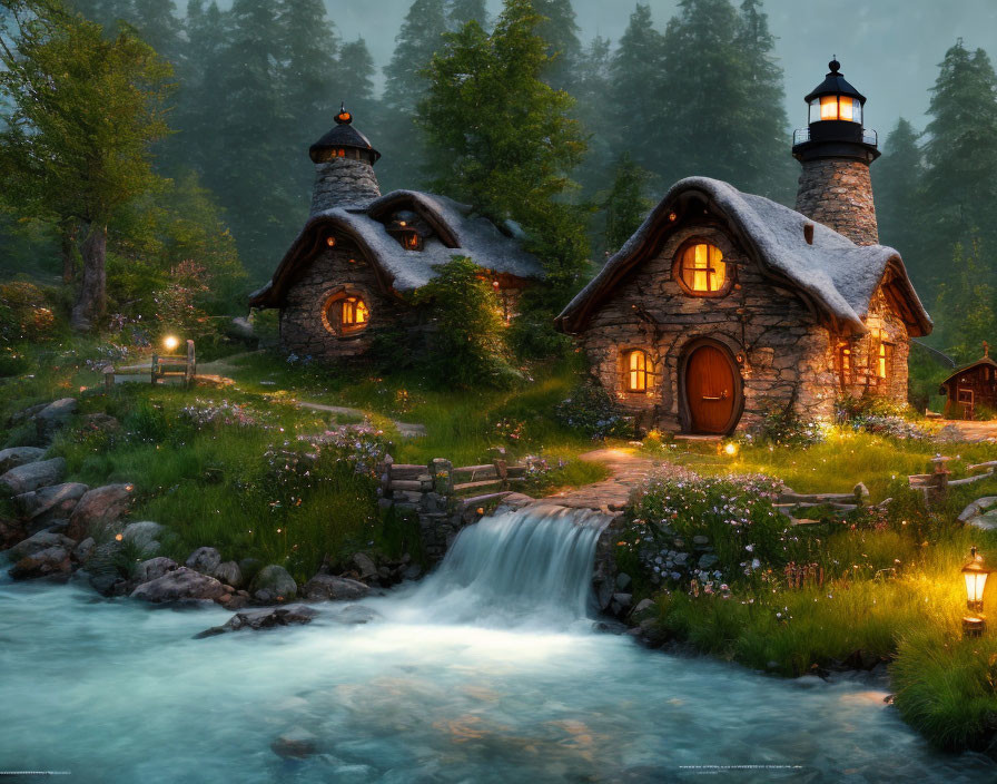 Tranquil twilight landscape with stone cottages, stream, waterfall, lanterns