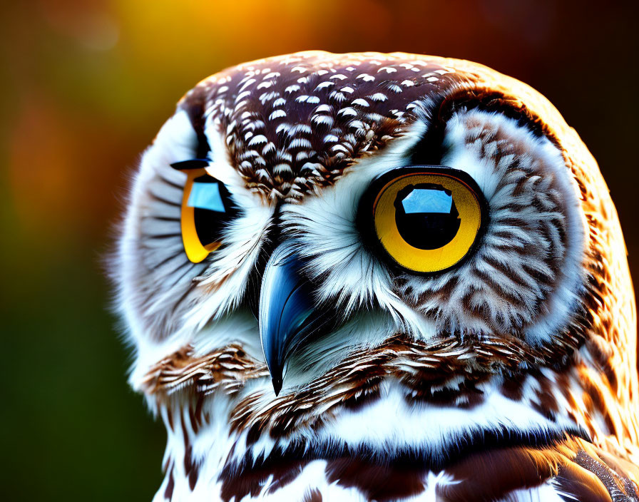 Close-up of owl with vivid yellow eyes and brown-and-white plumage on blurred orange background