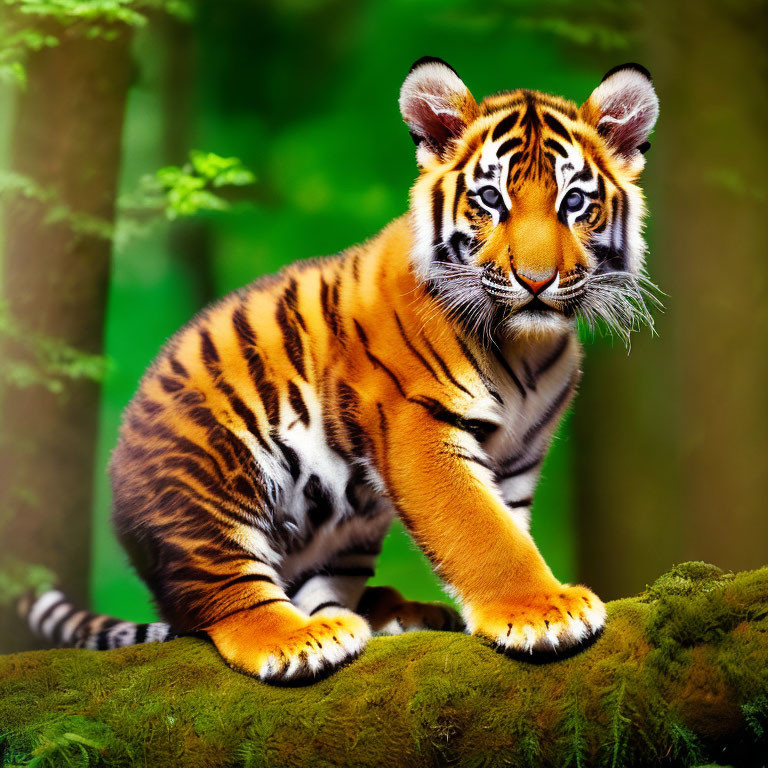 Striped young tiger cub in lush forest setting