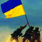 Soldiers raising Ukrainian flag under dramatic sky