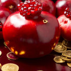 Vibrant red apples with pomegranate seeds and golden coins on red background