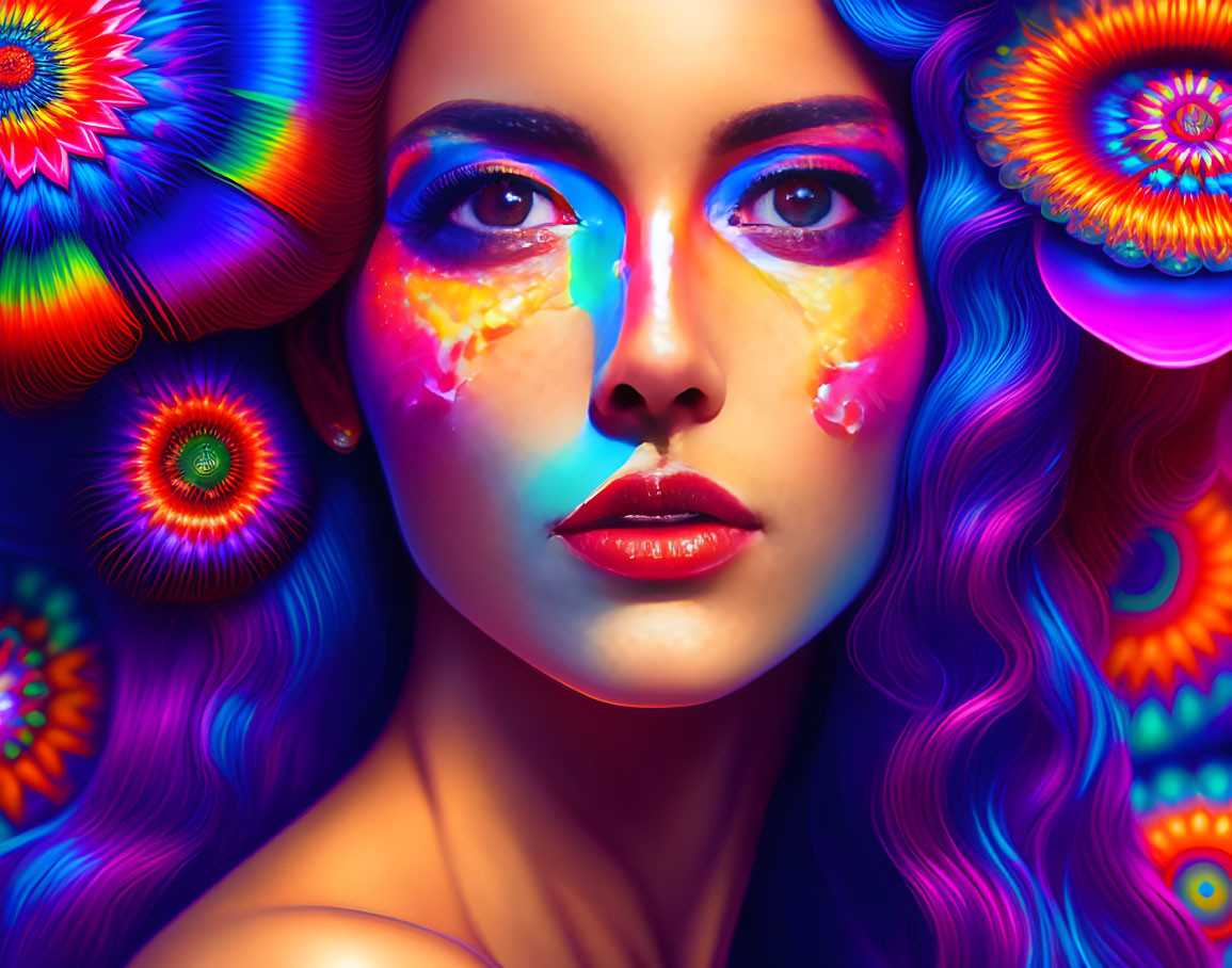 Colorful Psychedelic Portrait of Woman with Painted Face and Mandala Background