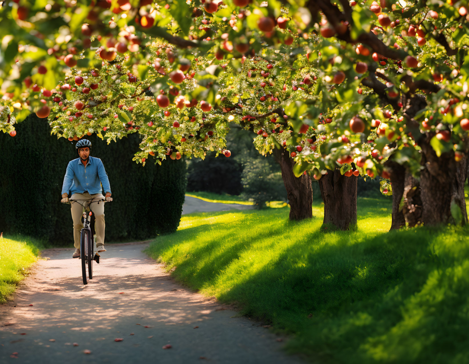 Bicycle rider on sunny path with green trees and red apples