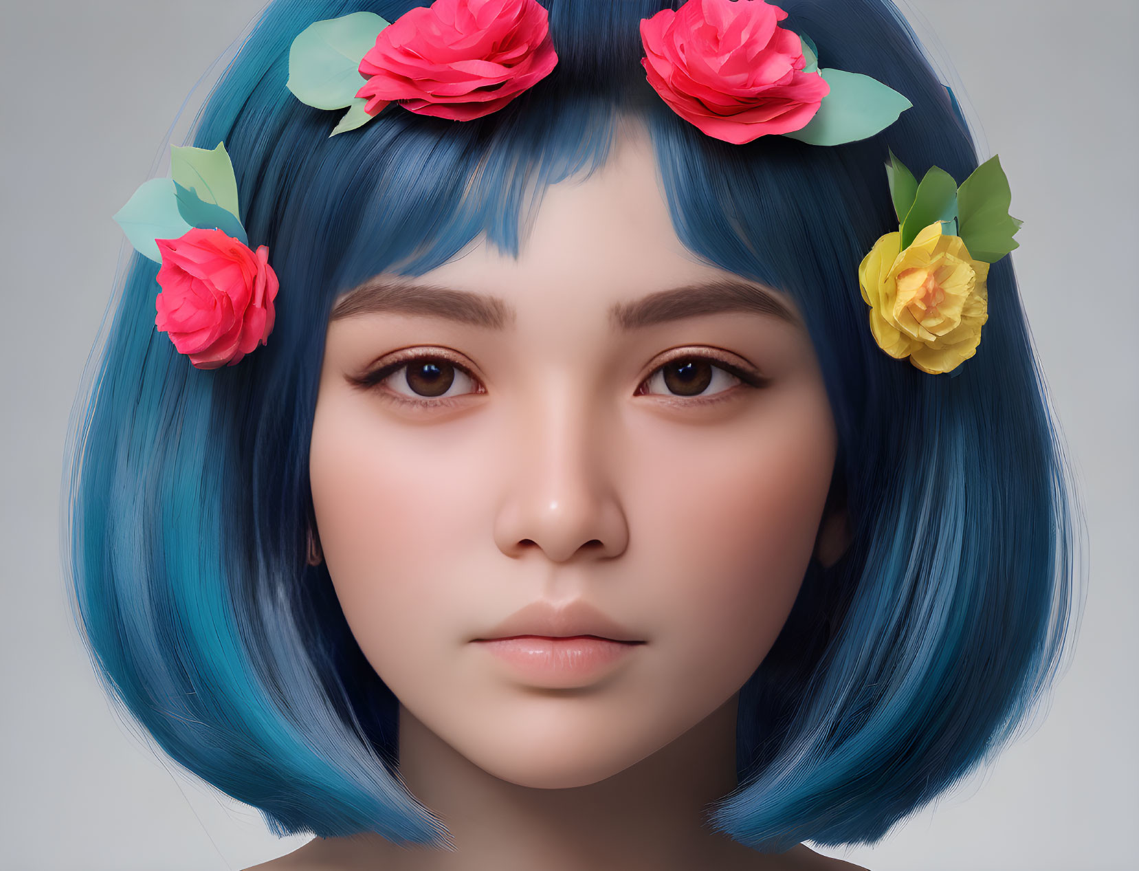 Female Digital Portrait: Blue Hair & Flower Adornments on Gray Background