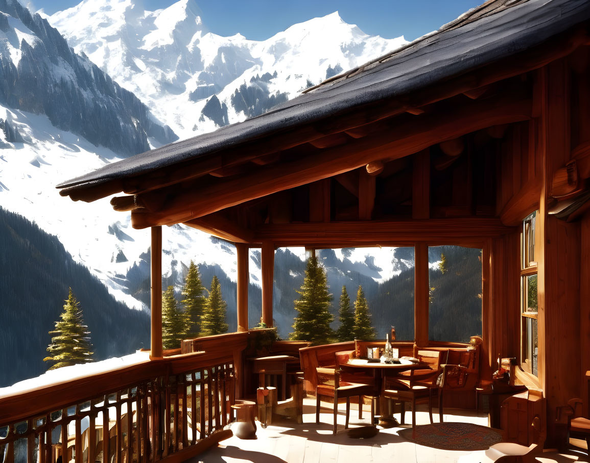 Scenic wooden balcony with mountain view and table set