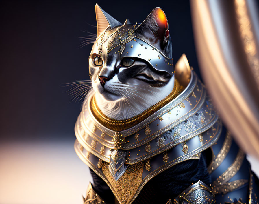 Medieval armor-clad cat exudes noble warrior charm