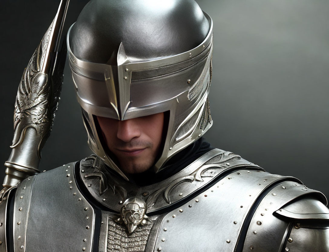 Detailed Medieval Knight Armor with Metallic Helmet and Lance Fragment