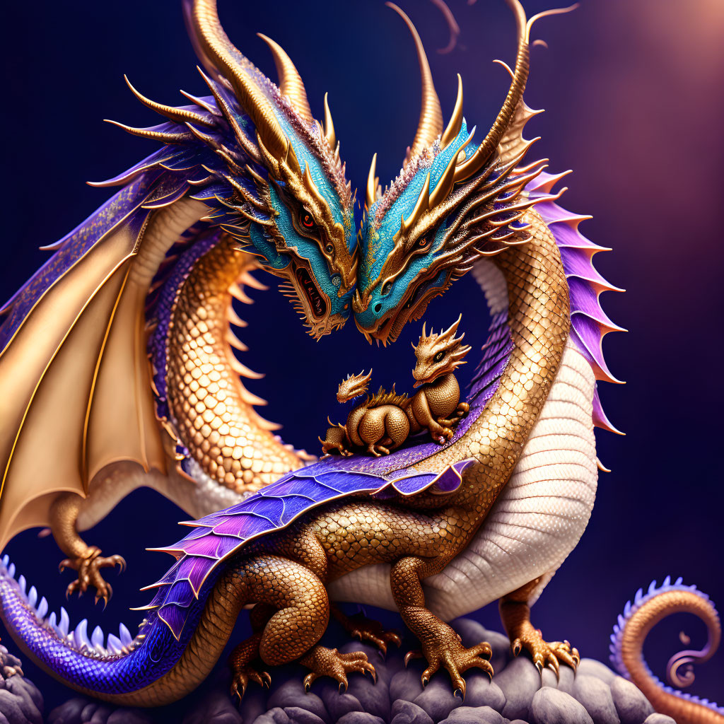 Detailed digital artwork of adult golden dragon with blue accents and smaller dragon on rocky surface showcasing intricate scales and