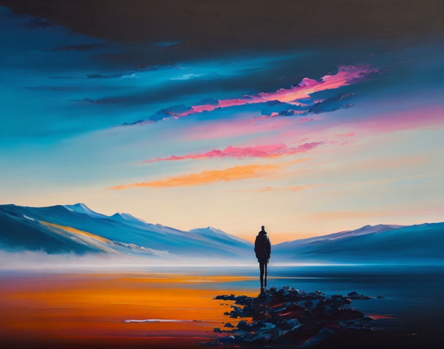 Solitary figure on shoreline at twilight with vivid sky and mountains