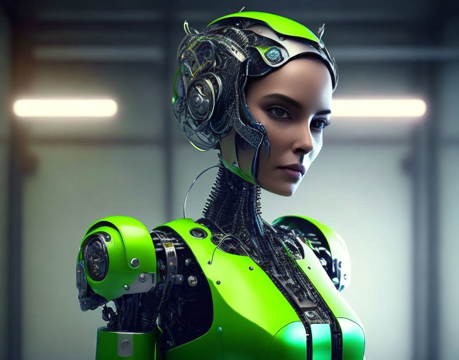 Detailed humanoid robot with green torso and mechanical head on blurred background