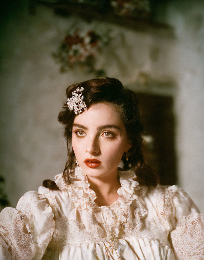 Vintage photograph: Woman with hair accessory, ruffled blouse, looking sideways.