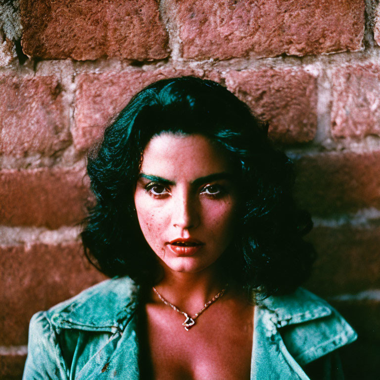 Dark-haired woman in denim jacket against brick wall with intense gaze