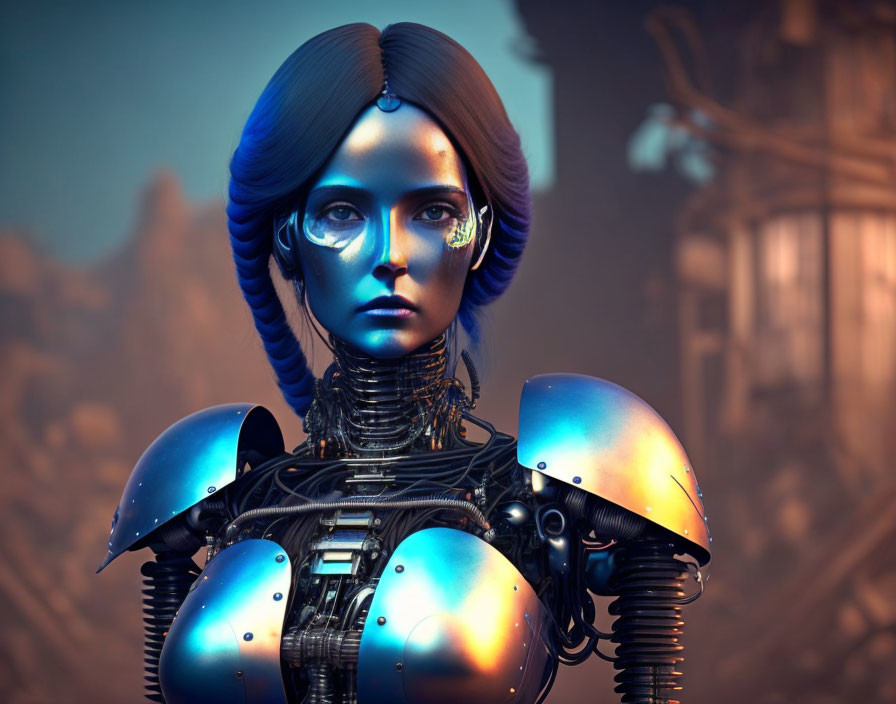 Blue-skinned humanoid robot in futuristic armor against industrial backdrop