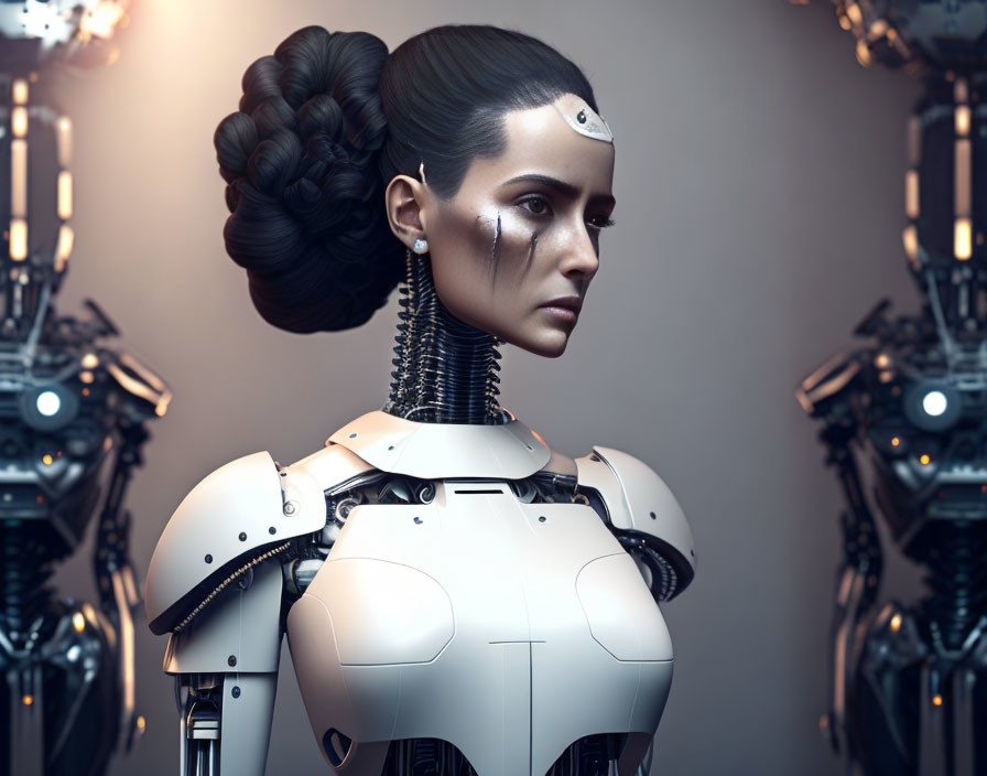 Realistic Female Android with Intricate Hair and White Robotic Body