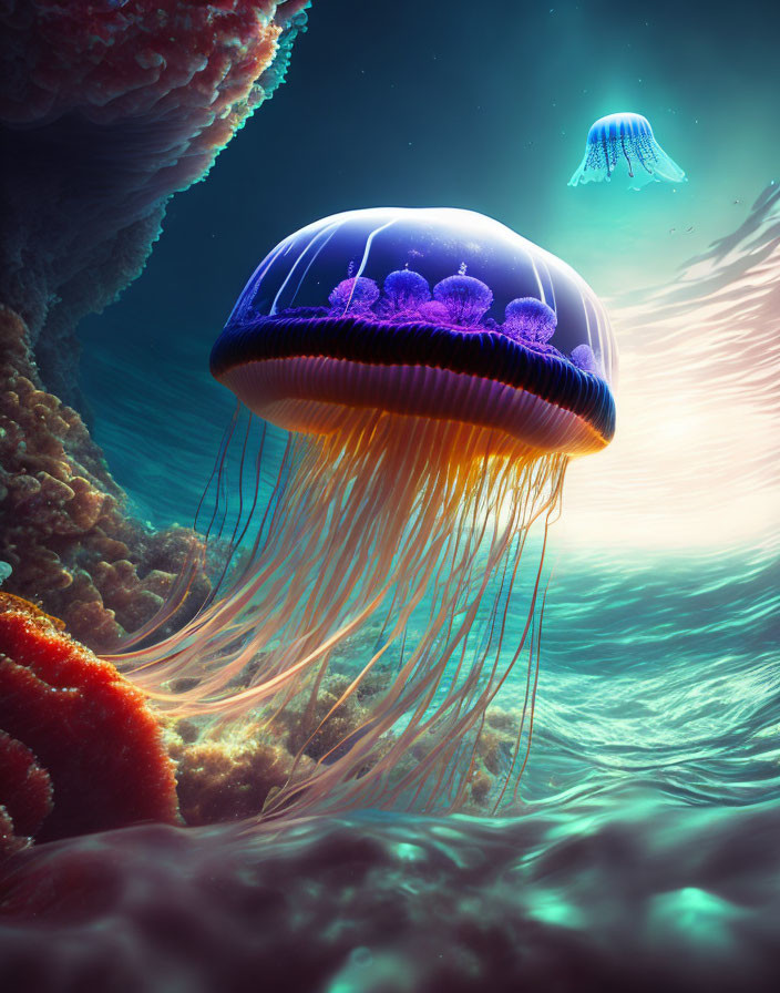 Colorful underwater scene with two jellyfish and coral reef in sunlight